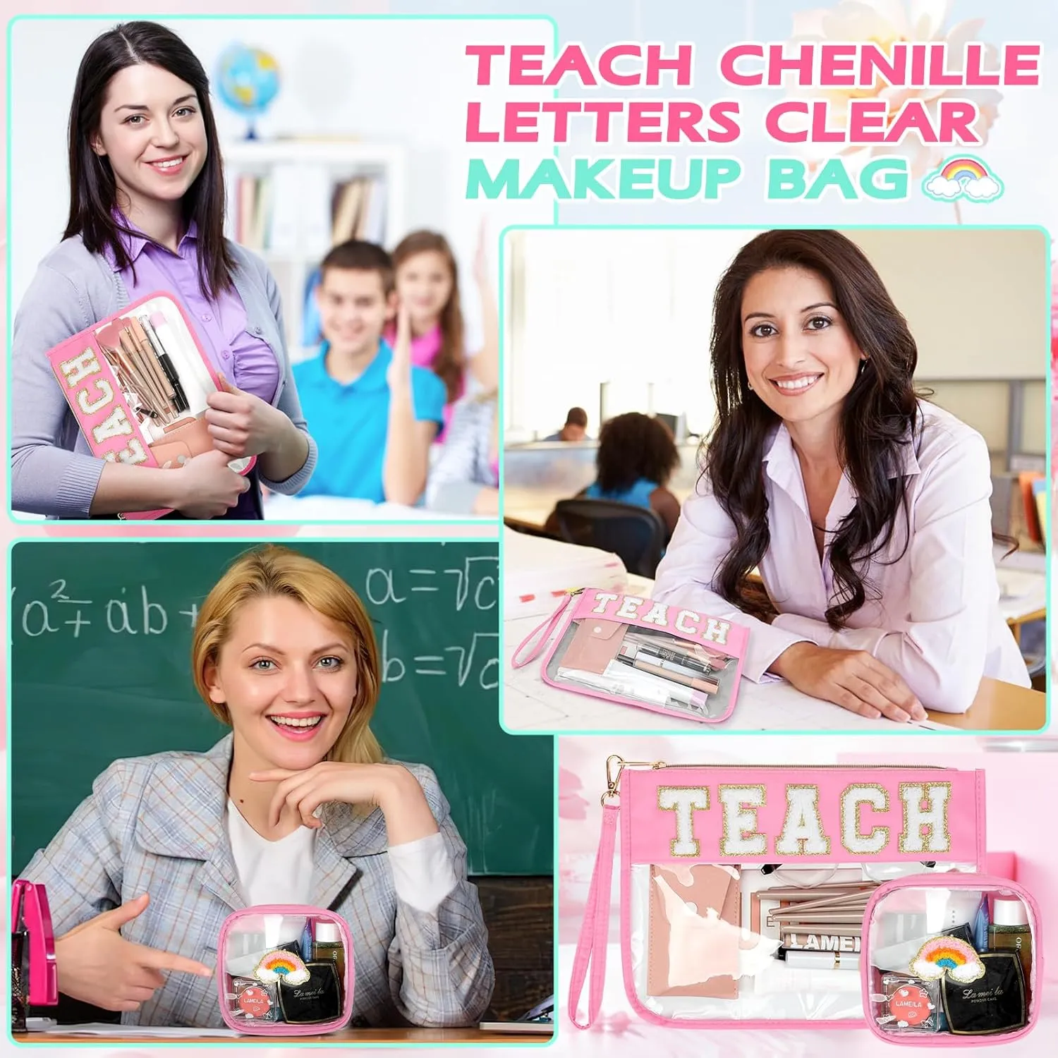 2 Pcs Teacher Appreciation Gifts - Chenille Letter Clear Makeup Bag Nylon Clear Cosmetic Bag Waterproof Cosmetic Pouch Graduation Retirement Gifts for Women (Pink-Teach)