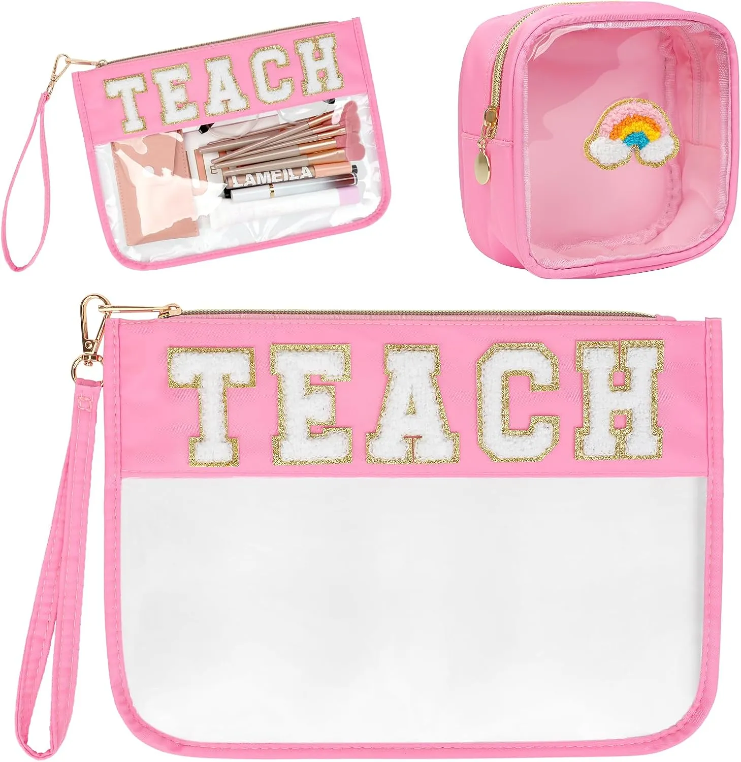 2 Pcs Teacher Appreciation Gifts - Chenille Letter Clear Makeup Bag Nylon Clear Cosmetic Bag Waterproof Cosmetic Pouch Graduation Retirement Gifts for Women (Pink-Teach)