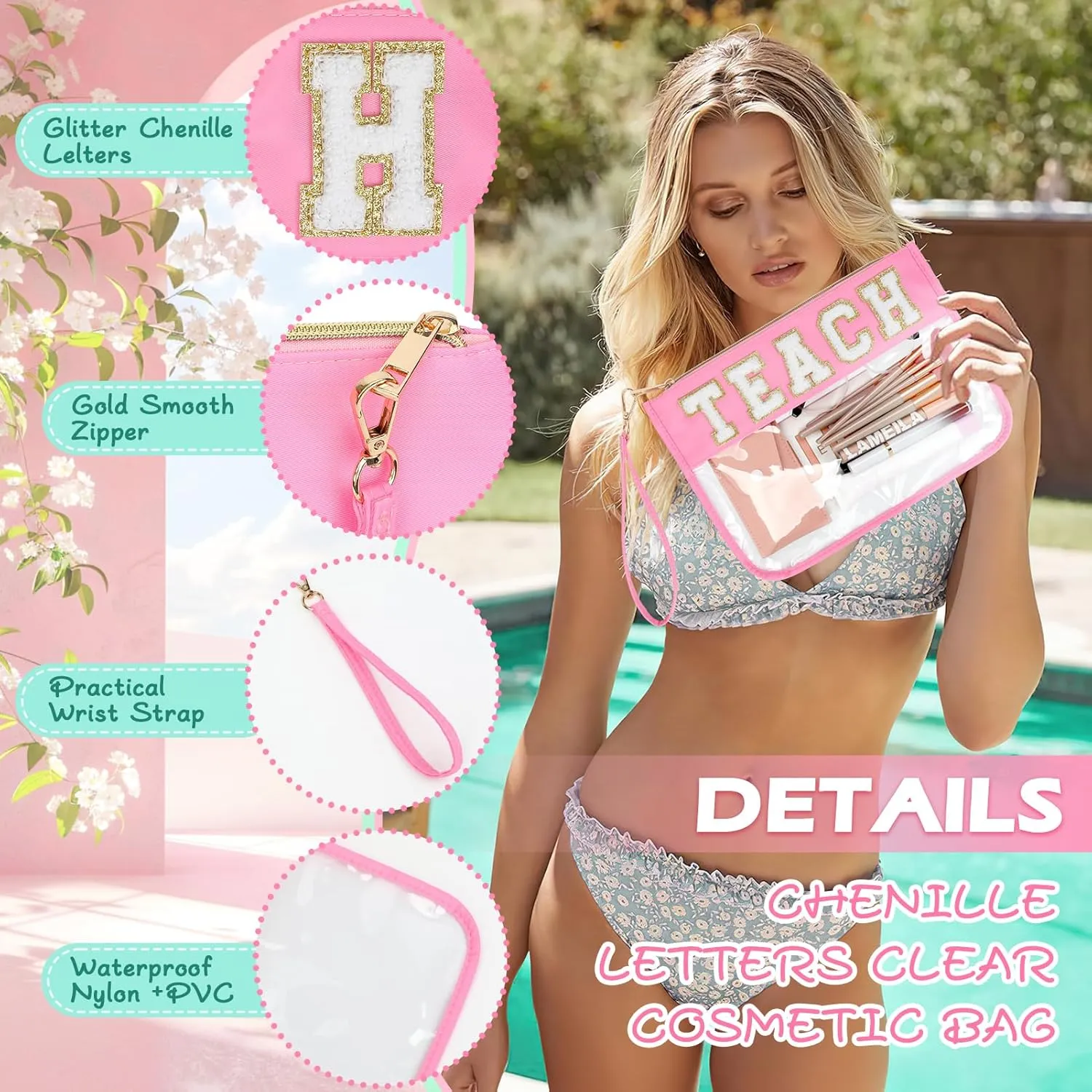 2 Pcs Teacher Appreciation Gifts - Chenille Letter Clear Makeup Bag Nylon Clear Cosmetic Bag Waterproof Cosmetic Pouch Graduation Retirement Gifts for Women (Pink-Teach)