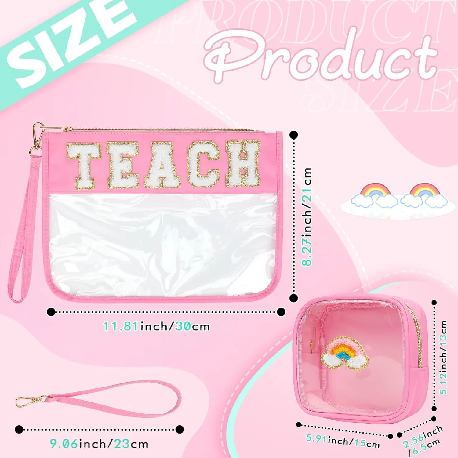 2 Pcs Teacher Appreciation Gifts - Chenille Letter Clear Makeup Bag Nylon Clear Cosmetic Bag Waterproof Cosmetic Pouch Graduation Retirement Gifts for Women (Pink-Teach)