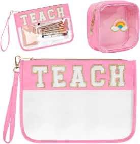 2 Pcs Teacher Appreciation Gifts - Chenille Letter Clear Makeup Bag Nylon Clear Cosmetic Bag Waterproof Cosmetic Pouch Graduation Retirement Gifts for Women (Pink-Teach)
