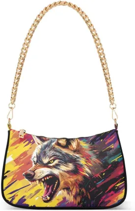 ALAZA Wolf Animal Colorful Chian Shoulder Bag Handbags Tote Mini Clutch Purse Hobo Bag with Zipper Closure for Women