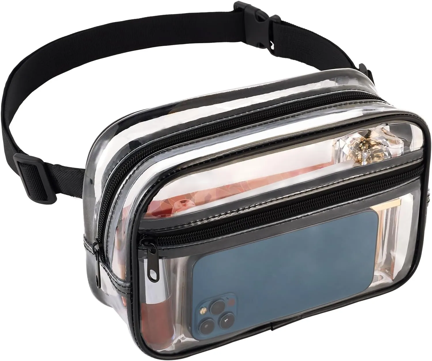 Clear Fanny Pack for Stadium Events - Waterproof Clear Bag for Women Men | Lightweight Waist Pack for Concerts, Sports Games & Travel | Stadium Approved Transparent Belt Bag (Black)