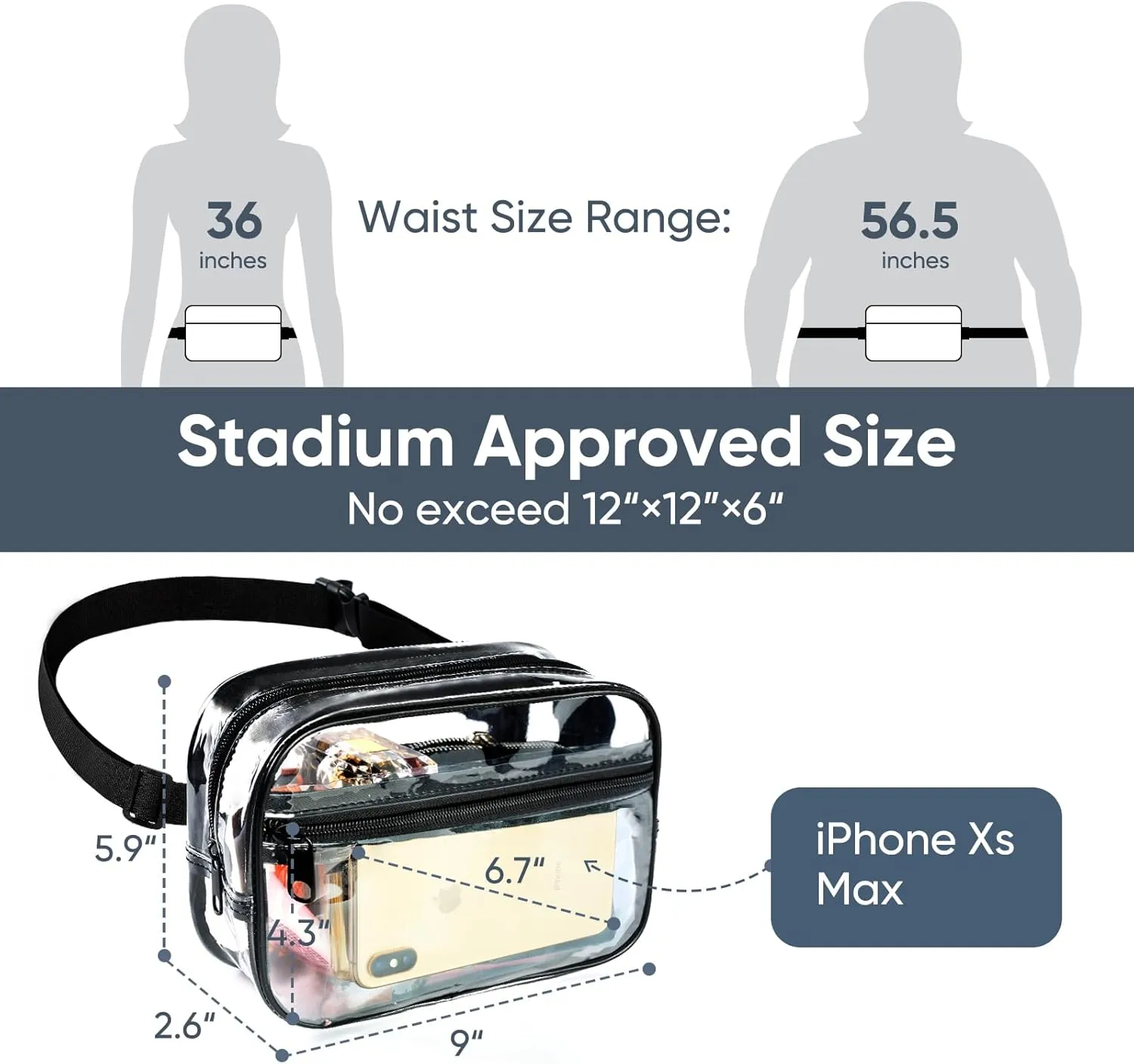 Clear Fanny Pack for Stadium Events - Waterproof Clear Bag for Women Men | Lightweight Waist Pack for Concerts, Sports Games & Travel | Stadium Approved Transparent Belt Bag (Black)
