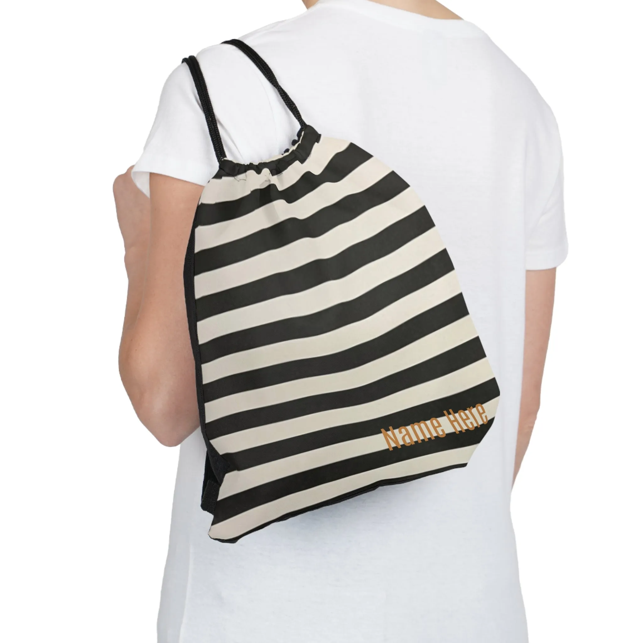 Customizable Black and White Striped Outdoor Drawstring Bag