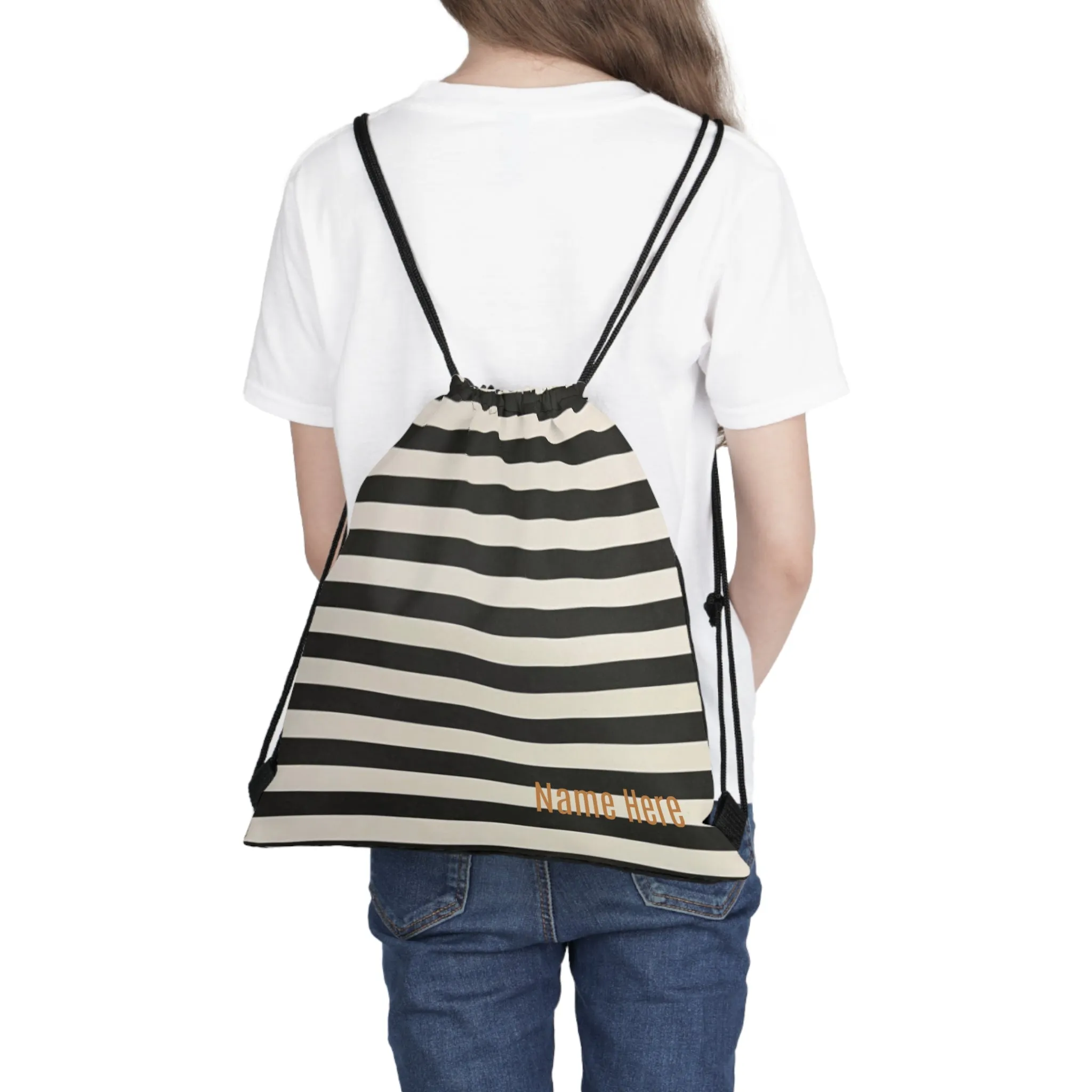 Customizable Black and White Striped Outdoor Drawstring Bag