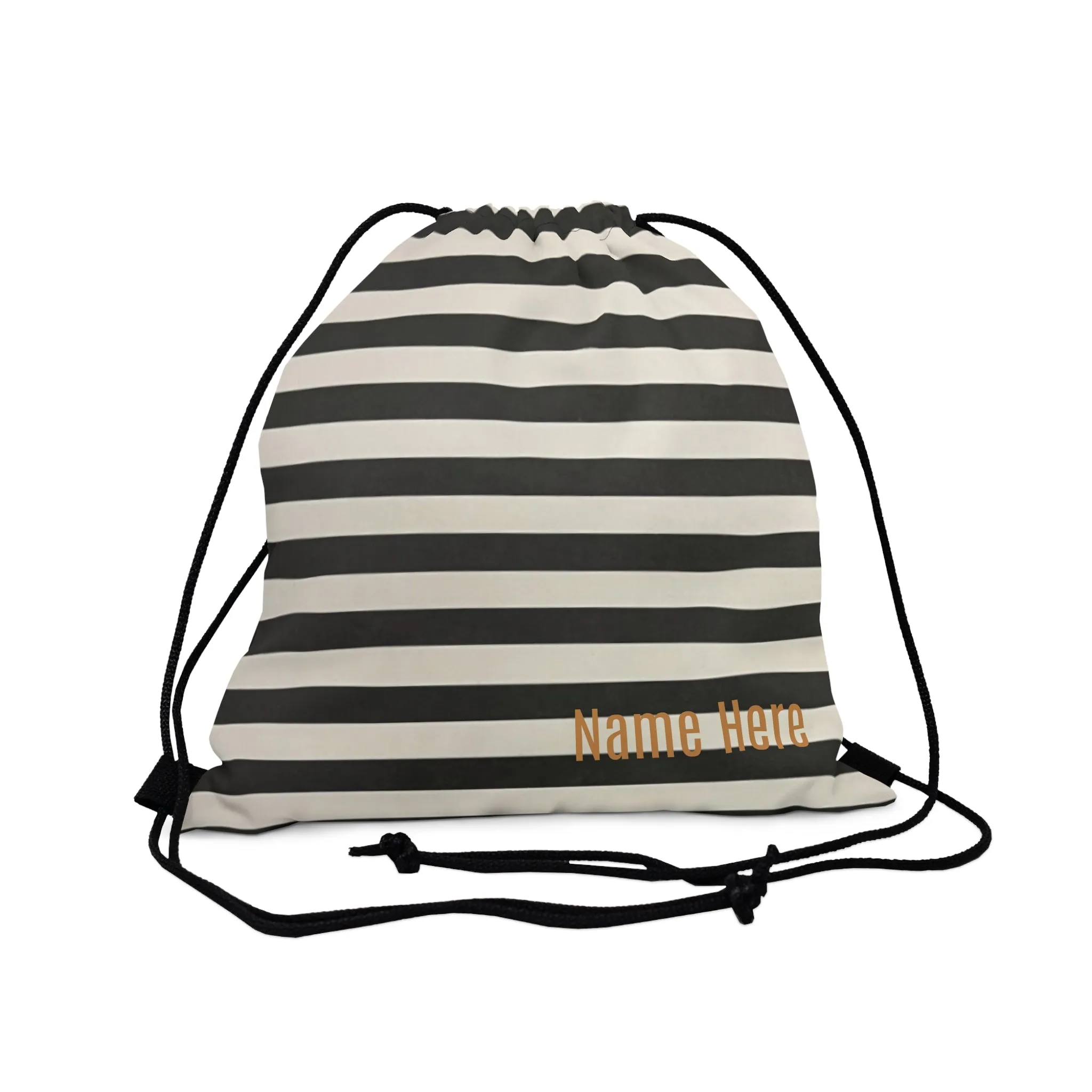 Customizable Black and White Striped Outdoor Drawstring Bag