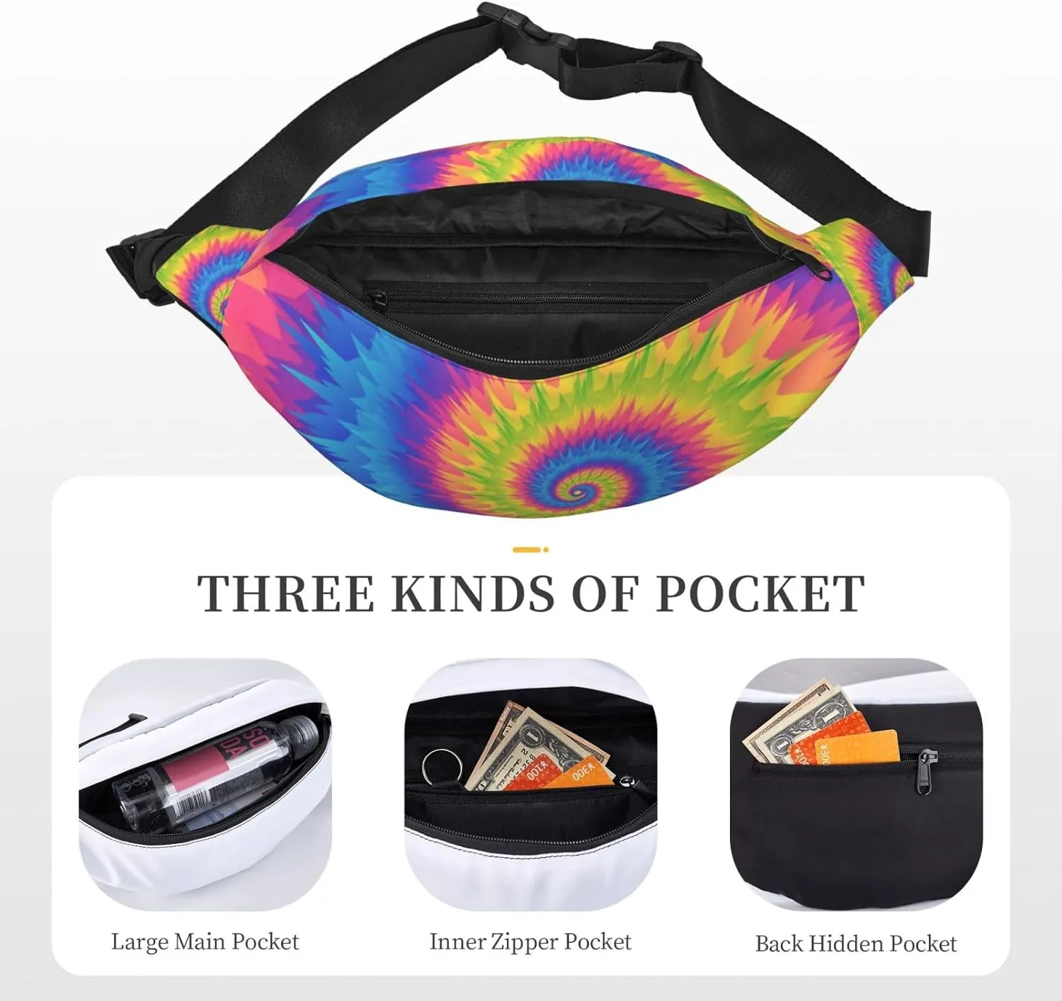 Fanny Pack for Women Men,Spiral Tie-Dye Large Crossbody Waist Pack Belt Bag for Workout Hiking Running Travel, Onesize