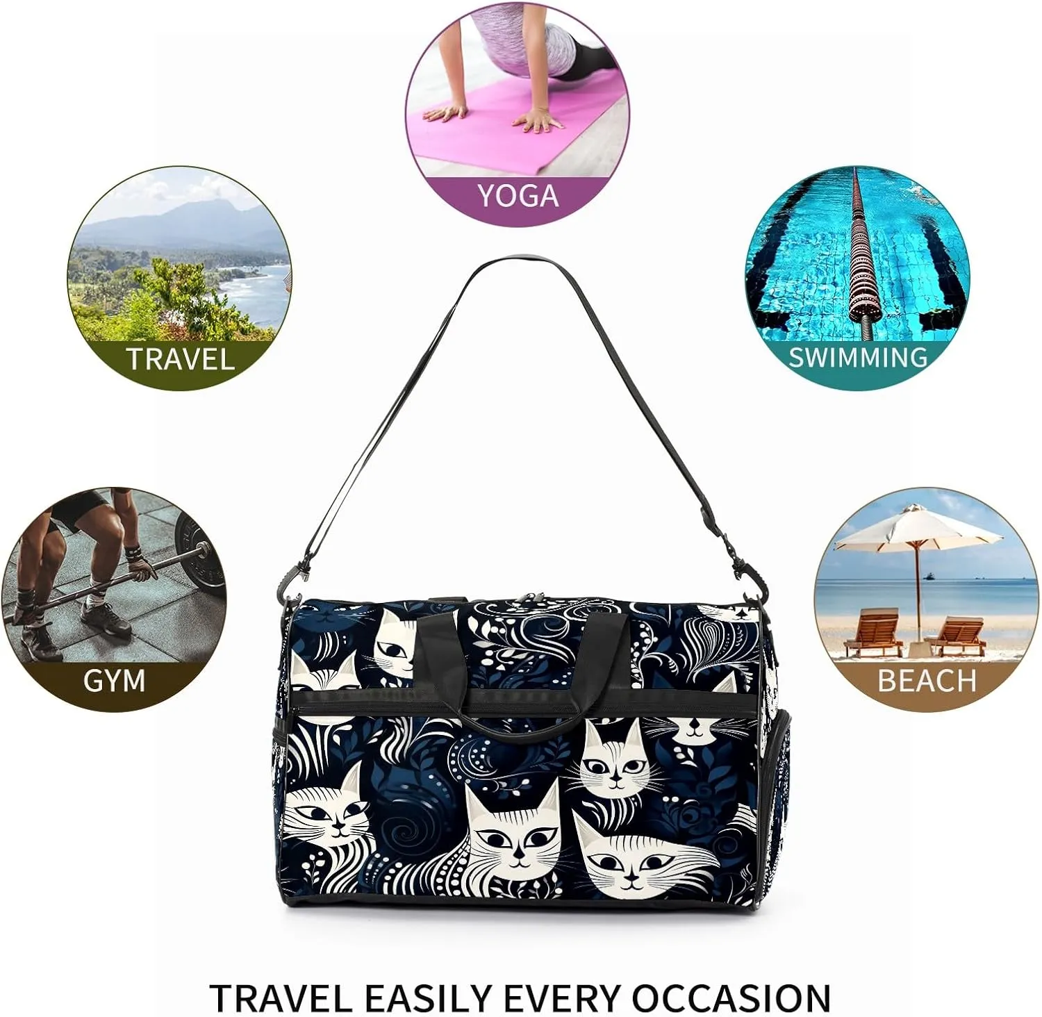 Gym Bag for Women, Carry on Weekender Overnight Bag, Travel Duffel Bags, Personal Item Travel Bag Tote Bag Workout Dance Bag, Cat - 10
