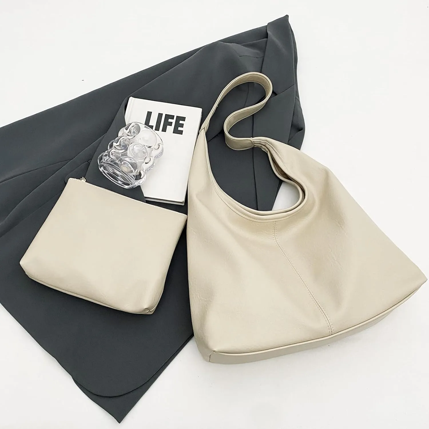 Leather Hobo Bags for Women Slouchy Tote Bag Retro PU Leather Purse Soft Shoulder Handbags Large Work Tote Bag 2pcs