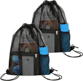 NATURAL STYLE 2 PACK Mesh Drawstring Backpack Bag, Multifunction Mesh Bag for Swimming, Athletic Gym, Clothes, Beach, Swim (Black)