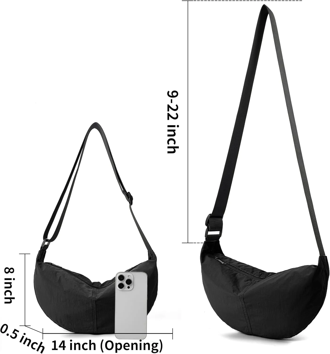 Nylon Crossbody Bag For Women Men Casual Lightweight Crescent Shoulder Hobo Purse With Wide Adjustable Strap