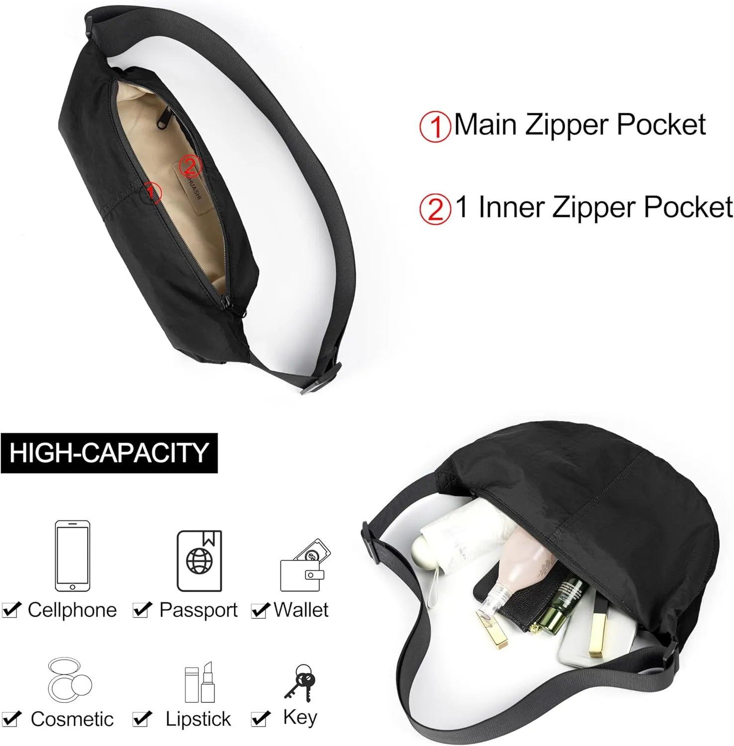 Nylon Crossbody Bag For Women Men Casual Lightweight Crescent Shoulder Hobo Purse With Wide Adjustable Strap