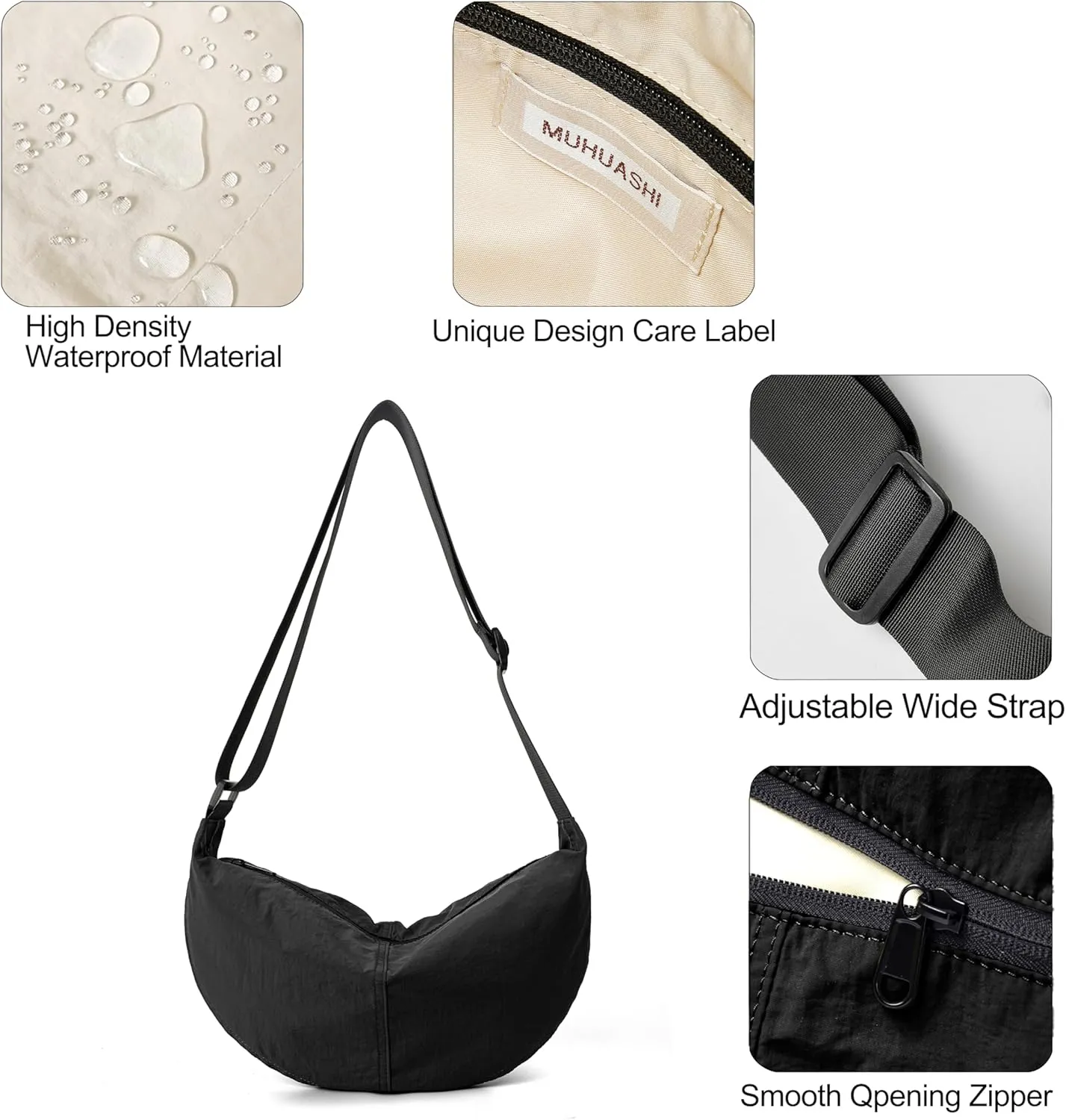 Nylon Crossbody Bag For Women Men Casual Lightweight Crescent Shoulder Hobo Purse With Wide Adjustable Strap
