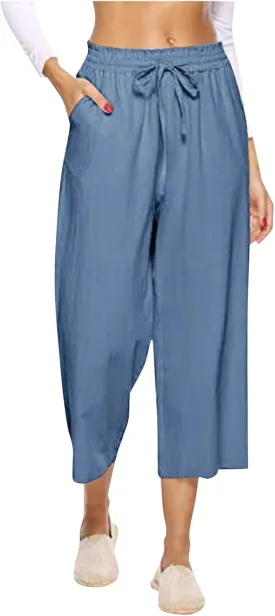 PTOLOCIF Cotton Pants for Women Casual Elastic Waist Wide Leg Pants with Pockets High Waisted Drawstring Beach Pant Trousers
