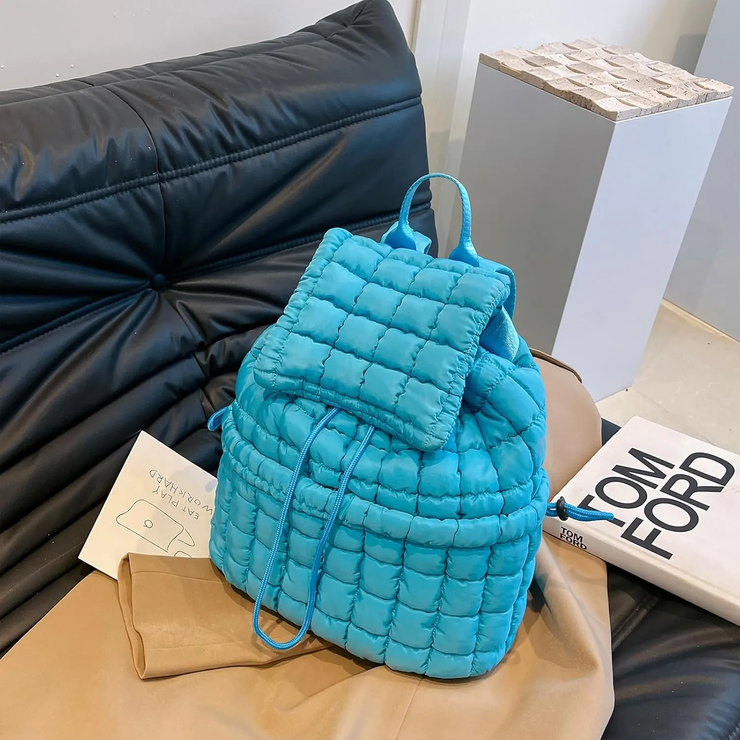 Quilted Puffer Backpack for Women Lightweight Soft Puffy Backpack Purse Casual Daily Drawstring Flap Daypack (Blue)