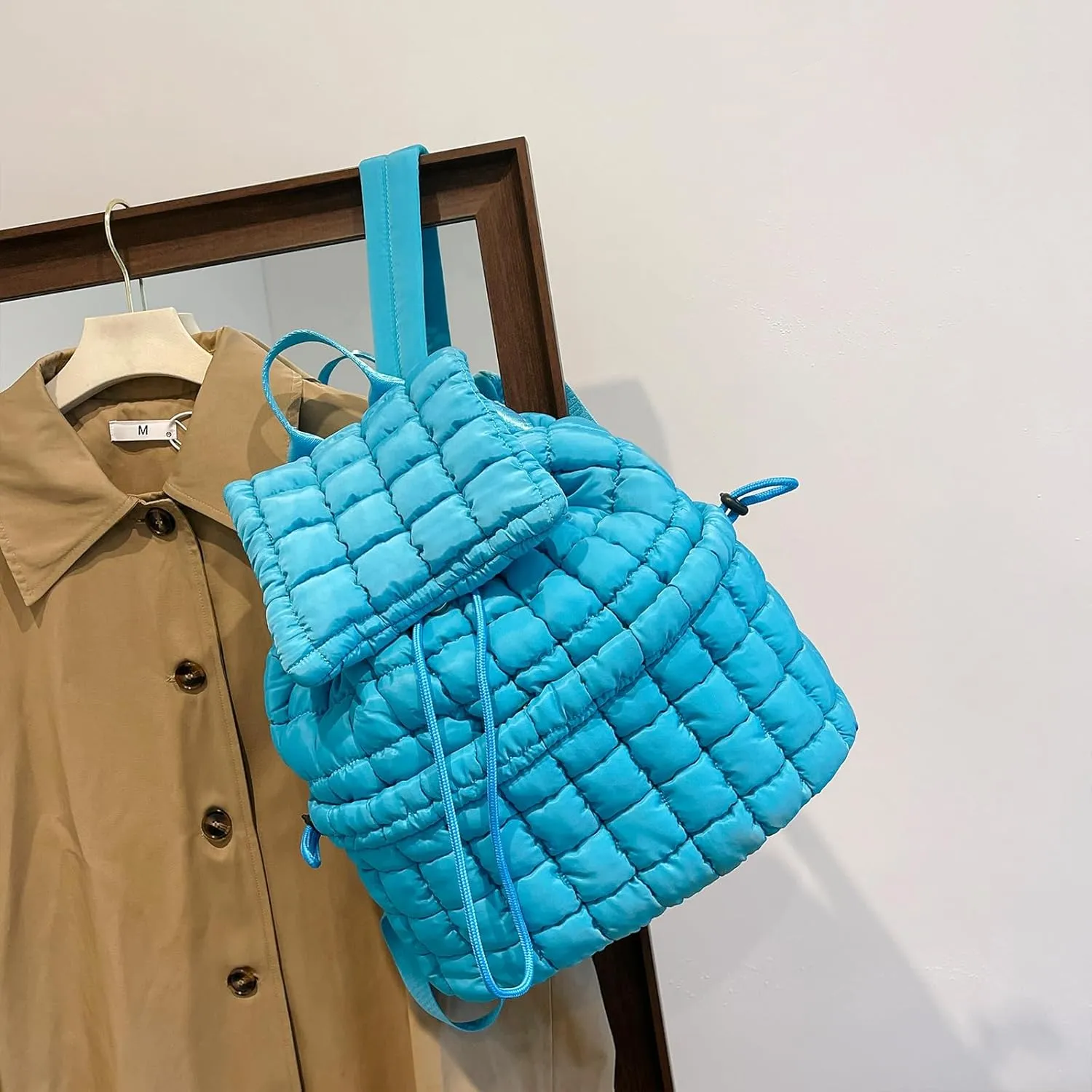 Quilted Puffer Backpack for Women Lightweight Soft Puffy Backpack Purse Casual Daily Drawstring Flap Daypack (Blue)