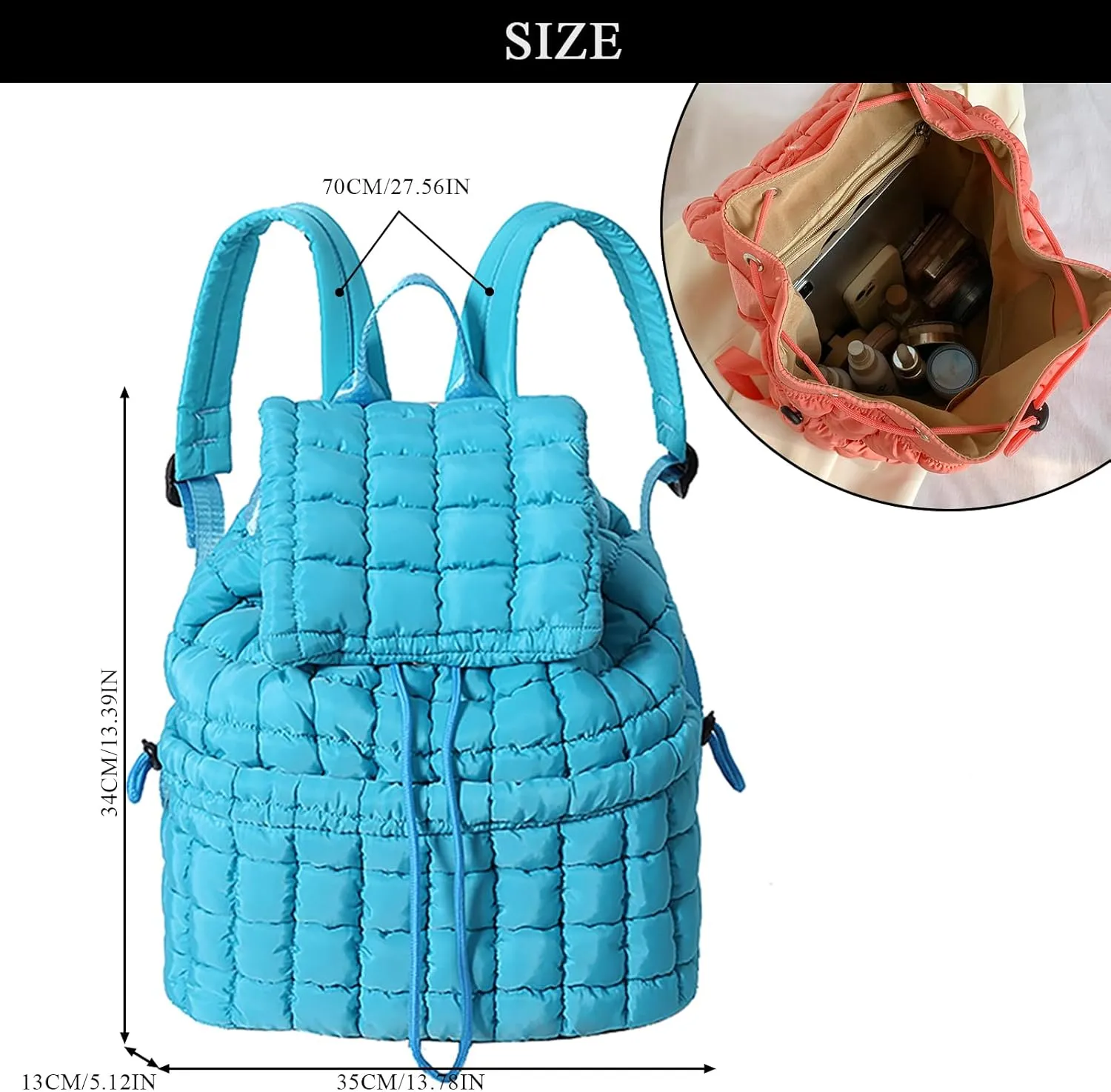 Quilted Puffer Backpack for Women Lightweight Soft Puffy Backpack Purse Casual Daily Drawstring Flap Daypack (Blue)