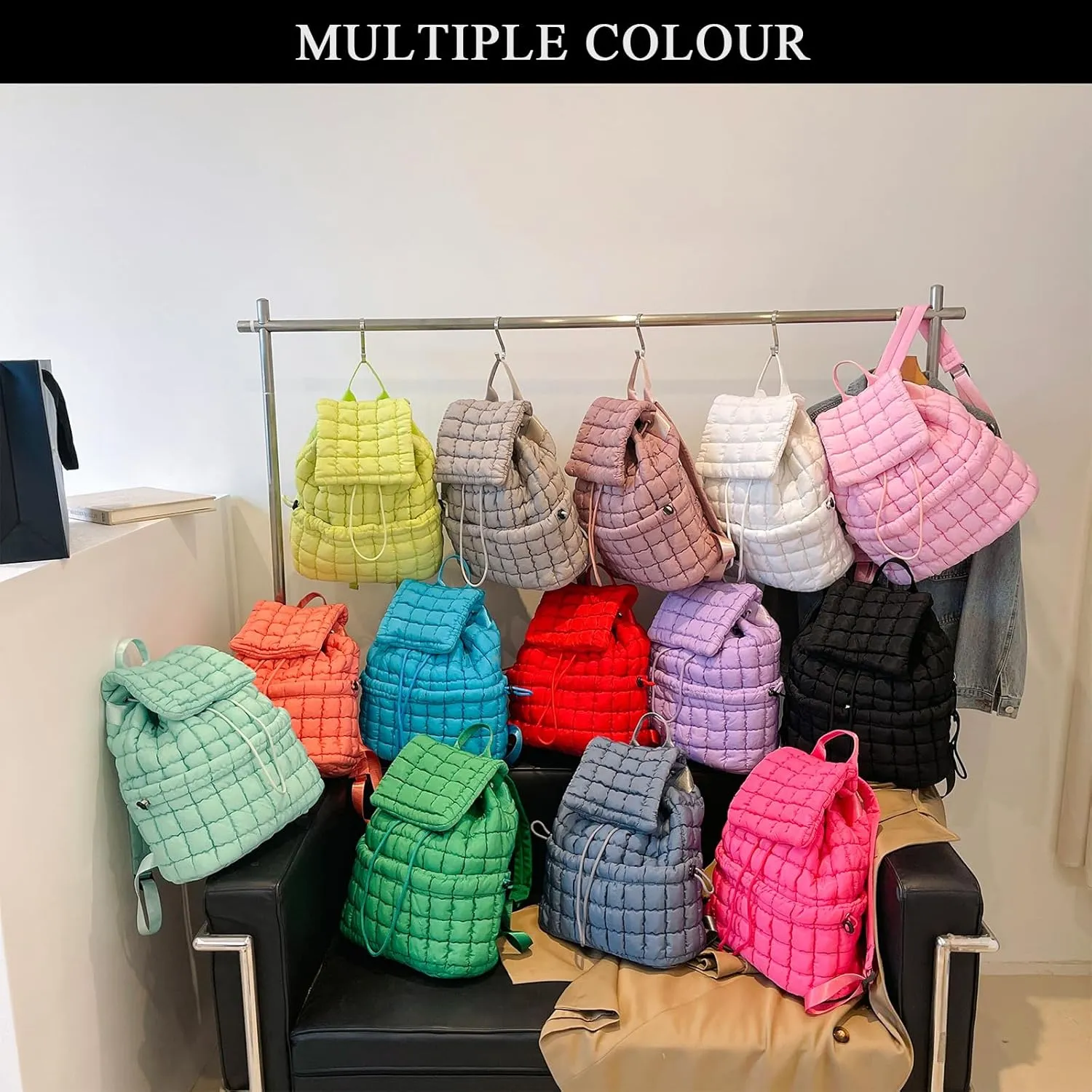 Quilted Puffer Backpack for Women Lightweight Soft Puffy Backpack Purse Casual Daily Drawstring Flap Daypack (Blue)