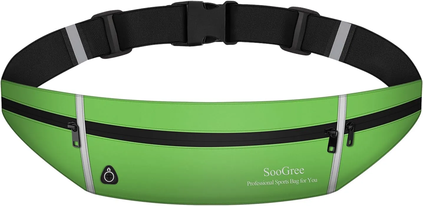 Slim Running Belt Sport Fanny Pack for Women Men,Outdoor Reflective Waist Pack Runner Pouch Belt, Zipper Waterproof Running Phone Holder Jogging Pouch for Phone Money Belt Waist Bag (Green)