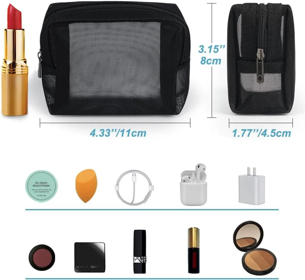 Small Makeup Bag, 3pcs Mesh Lipstick Bags Nylon Coin Purse with Zippers for Diaper Bag (Black)