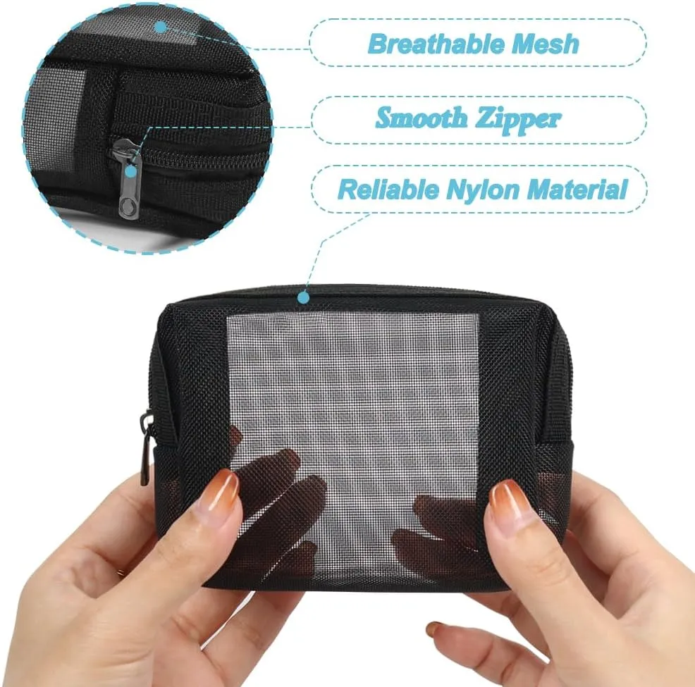 Small Makeup Bag, 3pcs Mesh Lipstick Bags Nylon Coin Purse with Zippers for Diaper Bag (Black)
