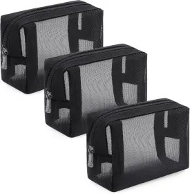 Small Makeup Bag, 3pcs Mesh Lipstick Bags Nylon Coin Purse with Zippers for Diaper Bag (Black)