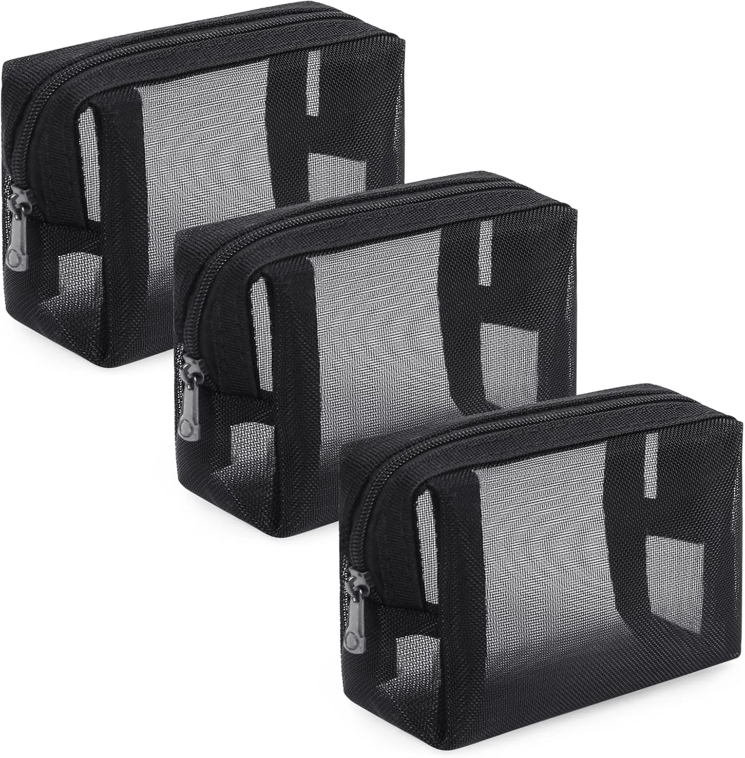 Small Makeup Bag, 3pcs Mesh Lipstick Bags Nylon Coin Purse with Zippers for Diaper Bag (Black)