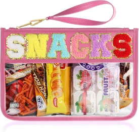Snack Bag for Travel - Clear Chenille Varsity Letter Flat Pouch with Zipper, Waterproof Clear Nylon Preppy Patch Makeup Cosmetic tote Bags for Women Girls