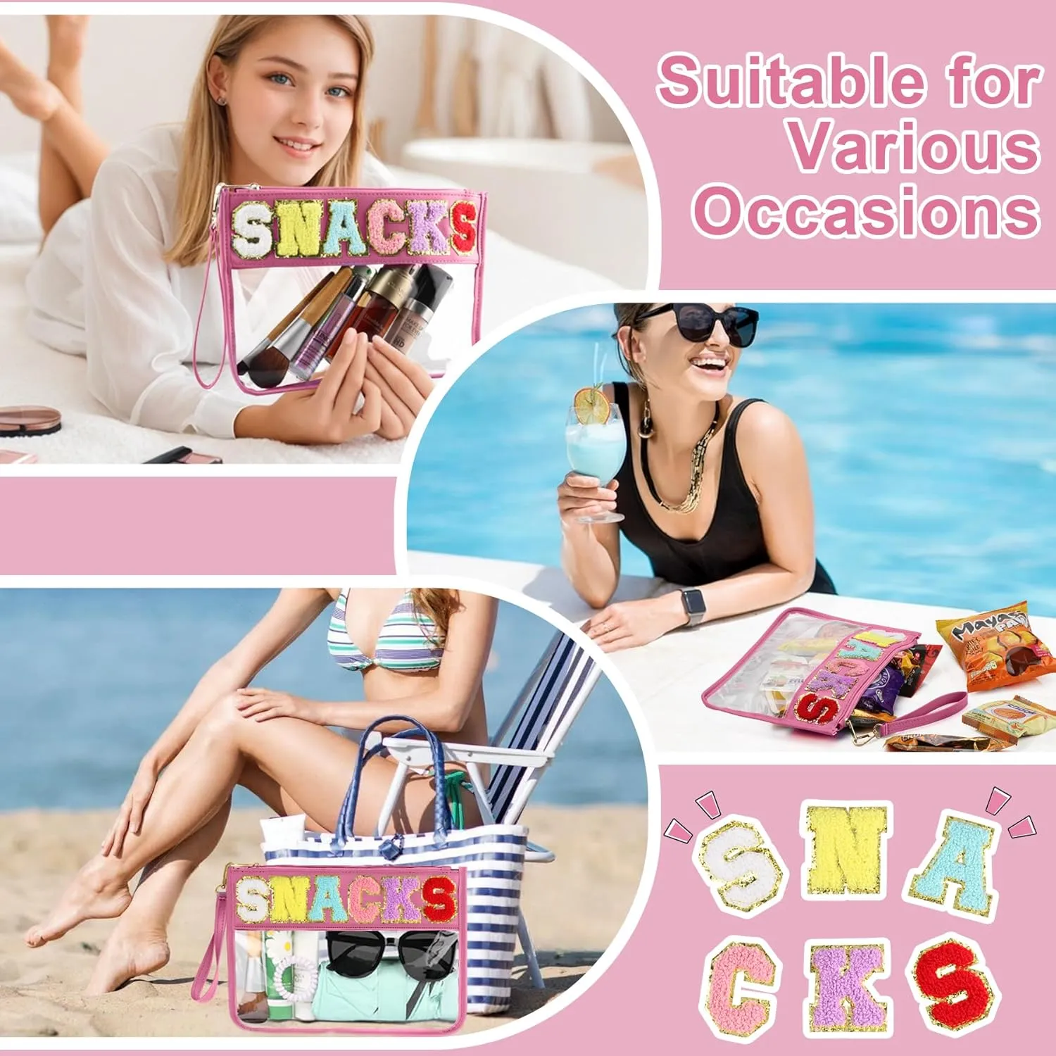 Snack Bag for Travel - Clear Chenille Varsity Letter Flat Pouch with Zipper, Waterproof Clear Nylon Preppy Patch Makeup Cosmetic tote Bags for Women Girls