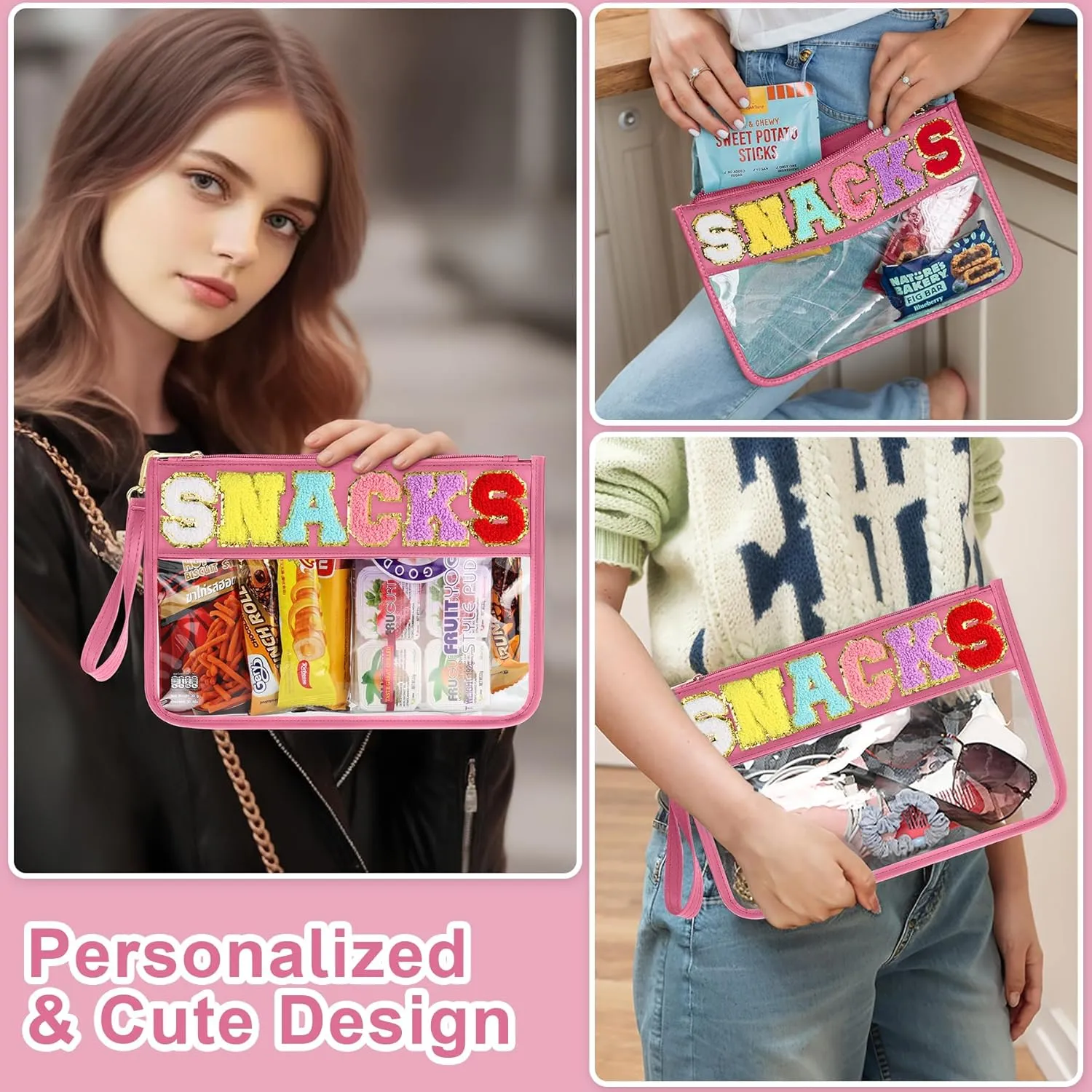 Snack Bag for Travel - Clear Chenille Varsity Letter Flat Pouch with Zipper, Waterproof Clear Nylon Preppy Patch Makeup Cosmetic tote Bags for Women Girls