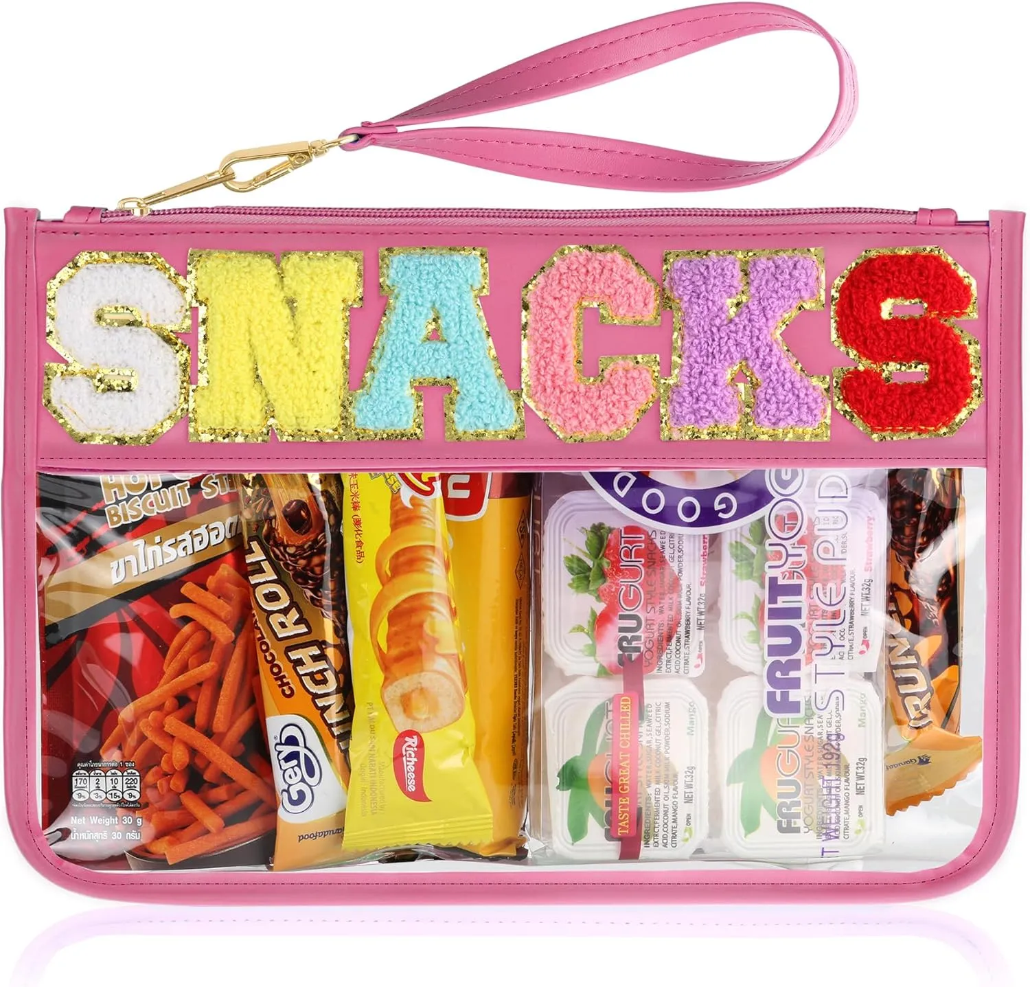 Snack Bag for Travel - Clear Chenille Varsity Letter Flat Pouch with Zipper, Waterproof Clear Nylon Preppy Patch Makeup Cosmetic tote Bags for Women Girls