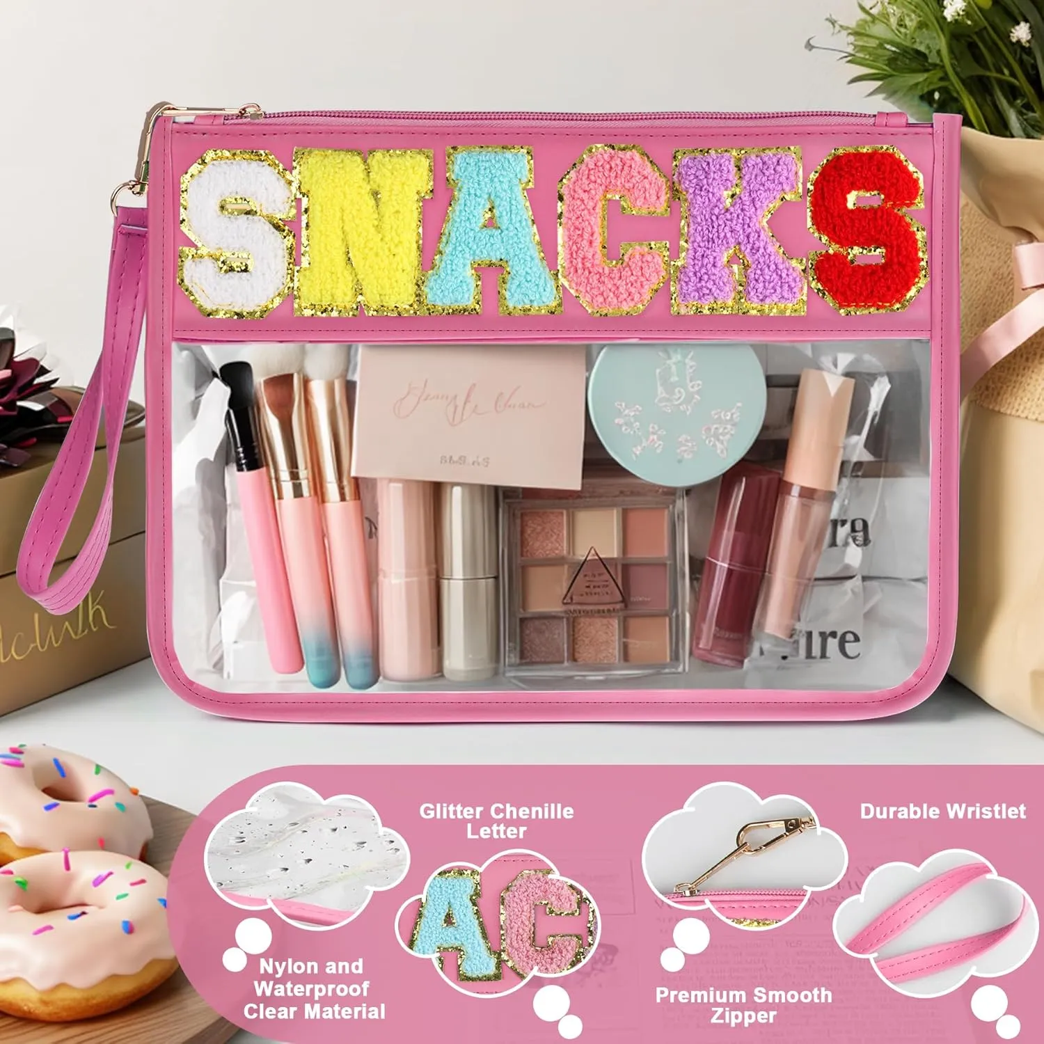 Snack Bag for Travel - Clear Chenille Varsity Letter Flat Pouch with Zipper, Waterproof Clear Nylon Preppy Patch Makeup Cosmetic tote Bags for Women Girls