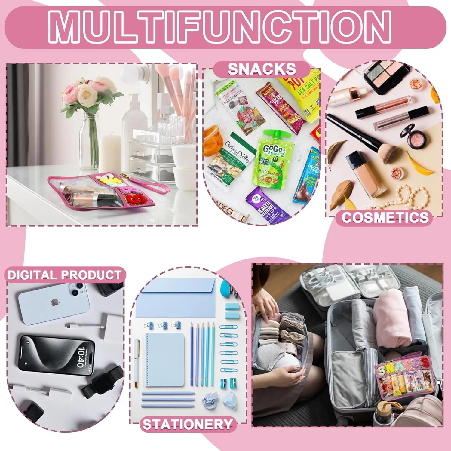 Snack Bag for Travel - Clear Chenille Varsity Letter Flat Pouch with Zipper, Waterproof Clear Nylon Preppy Patch Makeup Cosmetic tote Bags for Women Girls