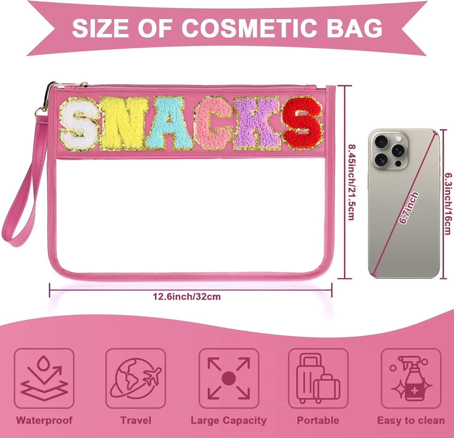 Snack Bag for Travel - Clear Chenille Varsity Letter Flat Pouch with Zipper, Waterproof Clear Nylon Preppy Patch Makeup Cosmetic tote Bags for Women Girls