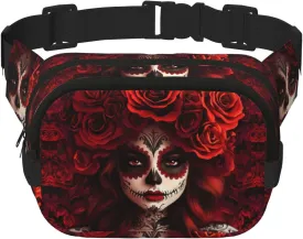 Square Mexico-Sugar-Skull-Rose Double-Layer Sport Fanny Pack Waist Pack Large Crossbody Waist Bag For Running Travel Walking