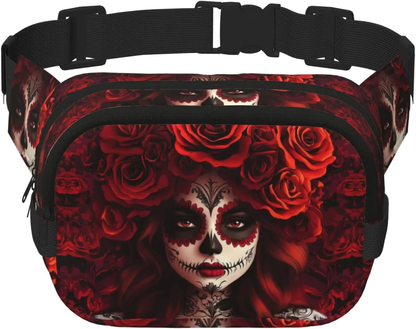 Square Mexico-Sugar-Skull-Rose Double-Layer Sport Fanny Pack Waist Pack Large Crossbody Waist Bag For Running Travel Walking