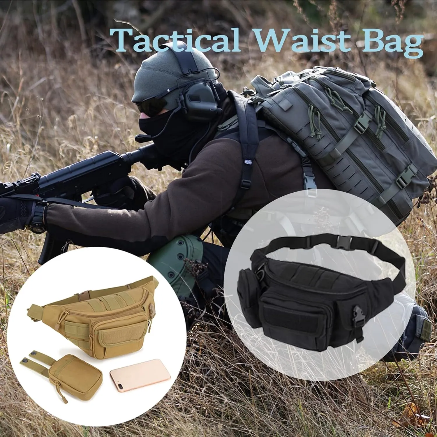 Tactical Fanny Packs, Military Waist Bag Utility Hip Belt Bags for Hiking Climbing Fishing Cycling Hunting with U.S Patch (ACU)