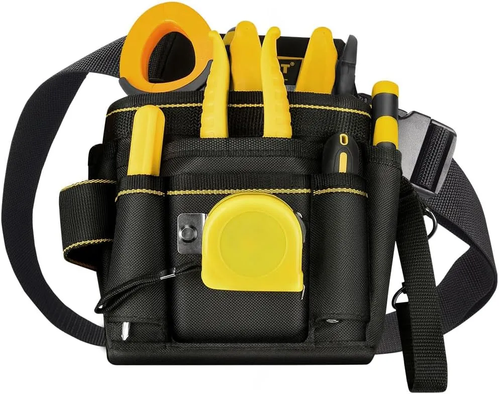 Tool Belt Pouch, 18 Pockets with Adjustable Nylon Belt, Multiple Storage for Electrician Tools, Black (Black, 18 Pockets)