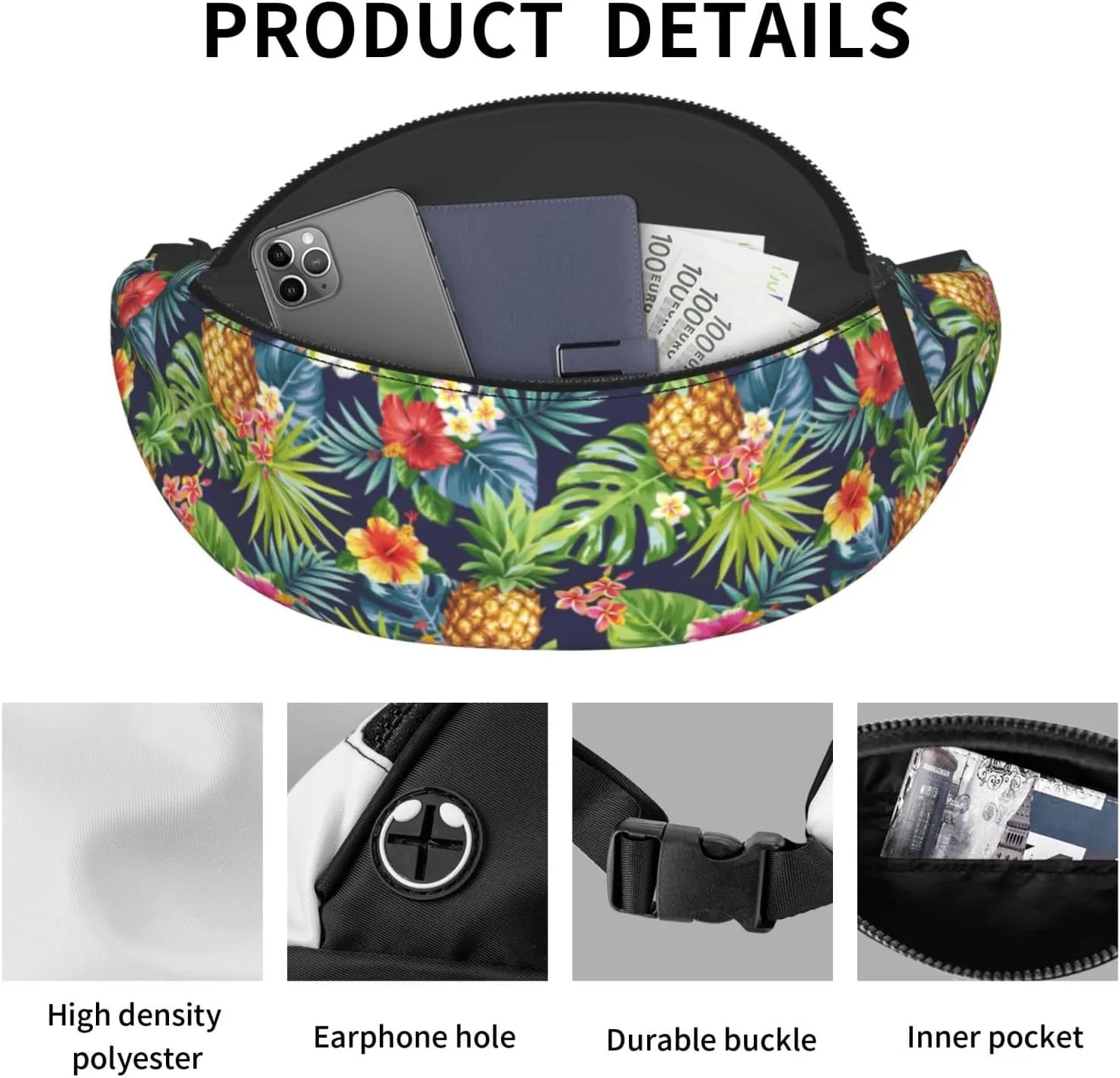 tropical pineapple summer palm leaves hawaii Fashion casual fanny pack waist bag men women adjustable belt waist bag for travel hiking cycling running festival carnival