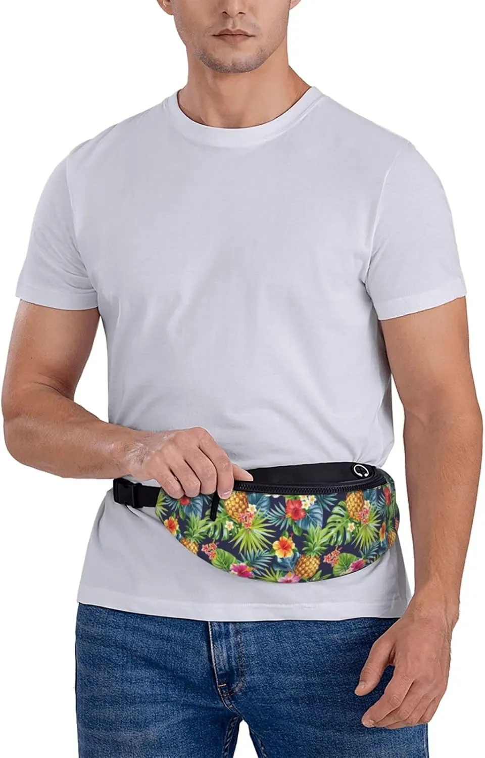 tropical pineapple summer palm leaves hawaii Fashion casual fanny pack waist bag men women adjustable belt waist bag for travel hiking cycling running festival carnival
