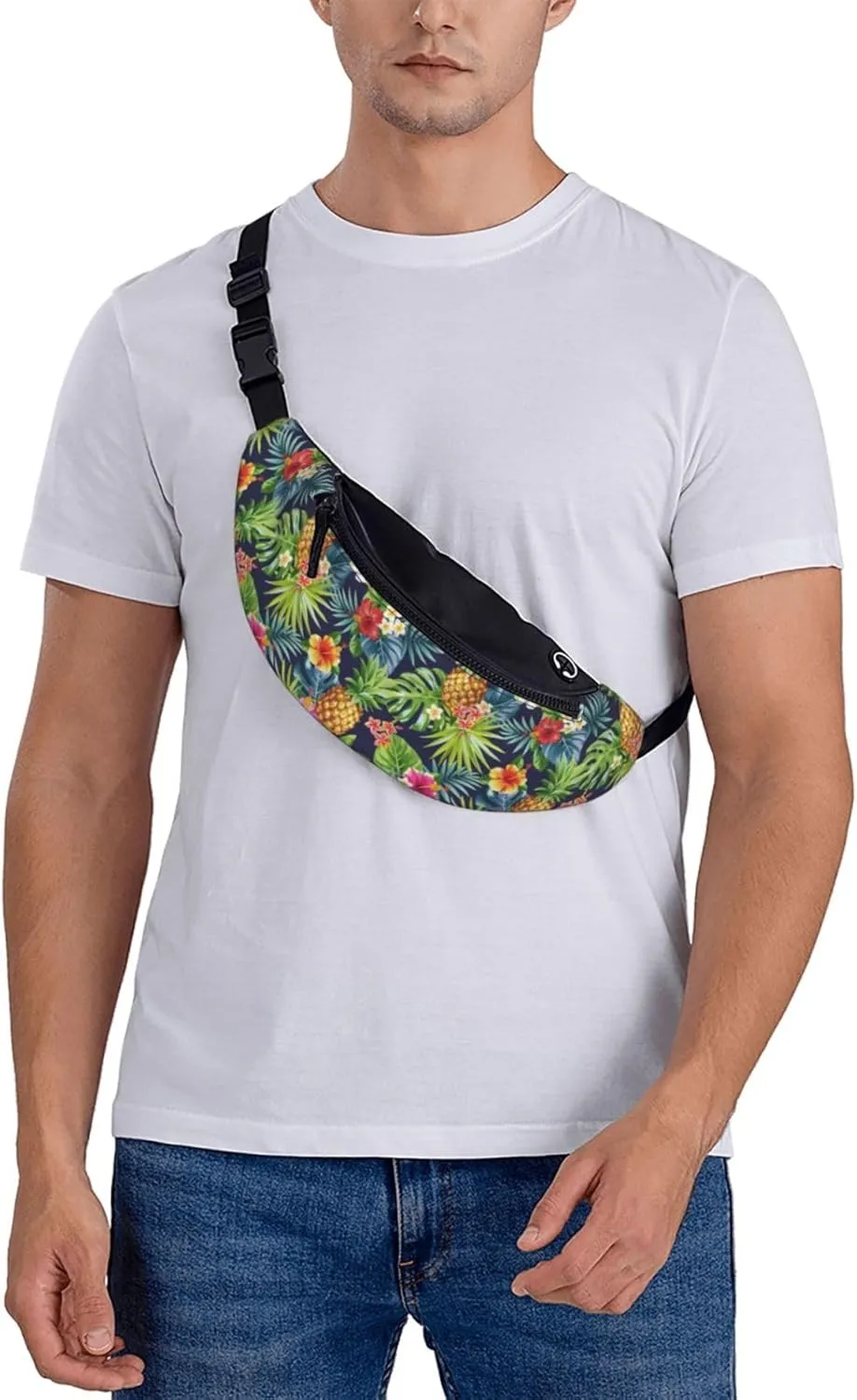 tropical pineapple summer palm leaves hawaii Fashion casual fanny pack waist bag men women adjustable belt waist bag for travel hiking cycling running festival carnival
