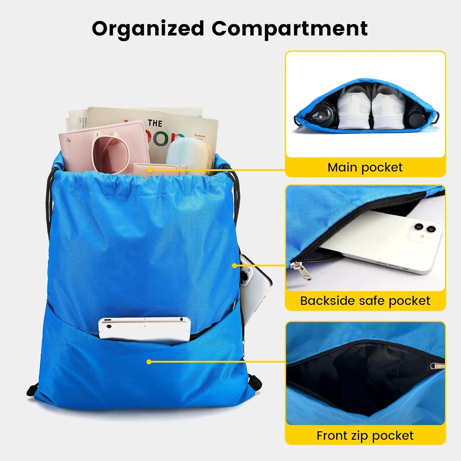 Vorspack Drawstring Backpack Water Resistant String Bag Sports Sackpack Gym Sack with Side Pocket for Men Women