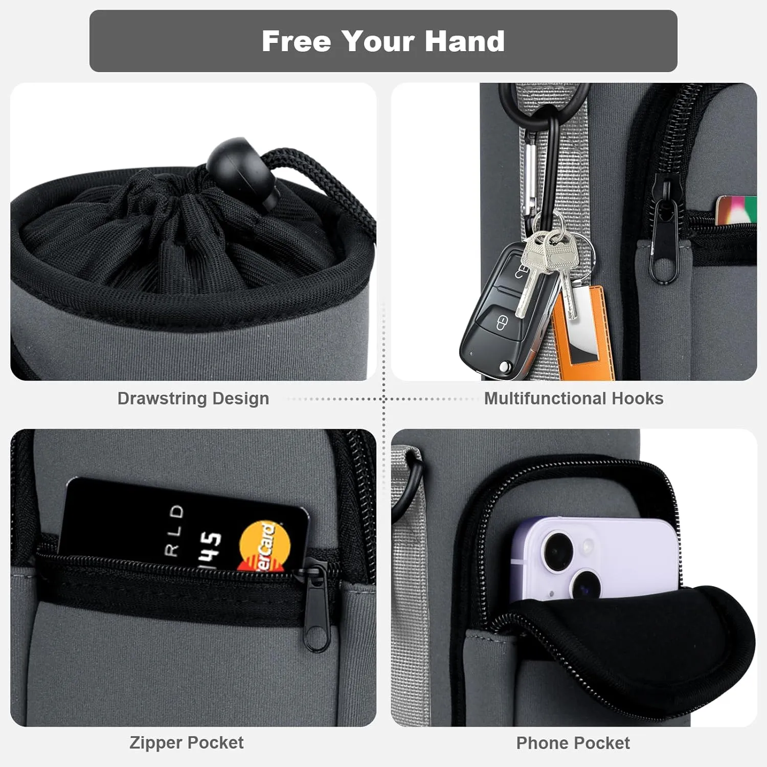 Water Bottle Holder with Strap, Water Bottle Carrier Bag with Phone Pocket, Shoulder Hand Strap Insulated Neoprene 32/40 oz Water Bottle Sleeve for Walking Hiking Camping Gym