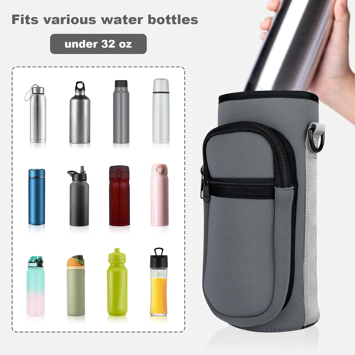 Water Bottle Holder with Strap, Water Bottle Carrier Bag with Phone Pocket, Shoulder Hand Strap Insulated Neoprene 32/40 oz Water Bottle Sleeve for Walking Hiking Camping Gym