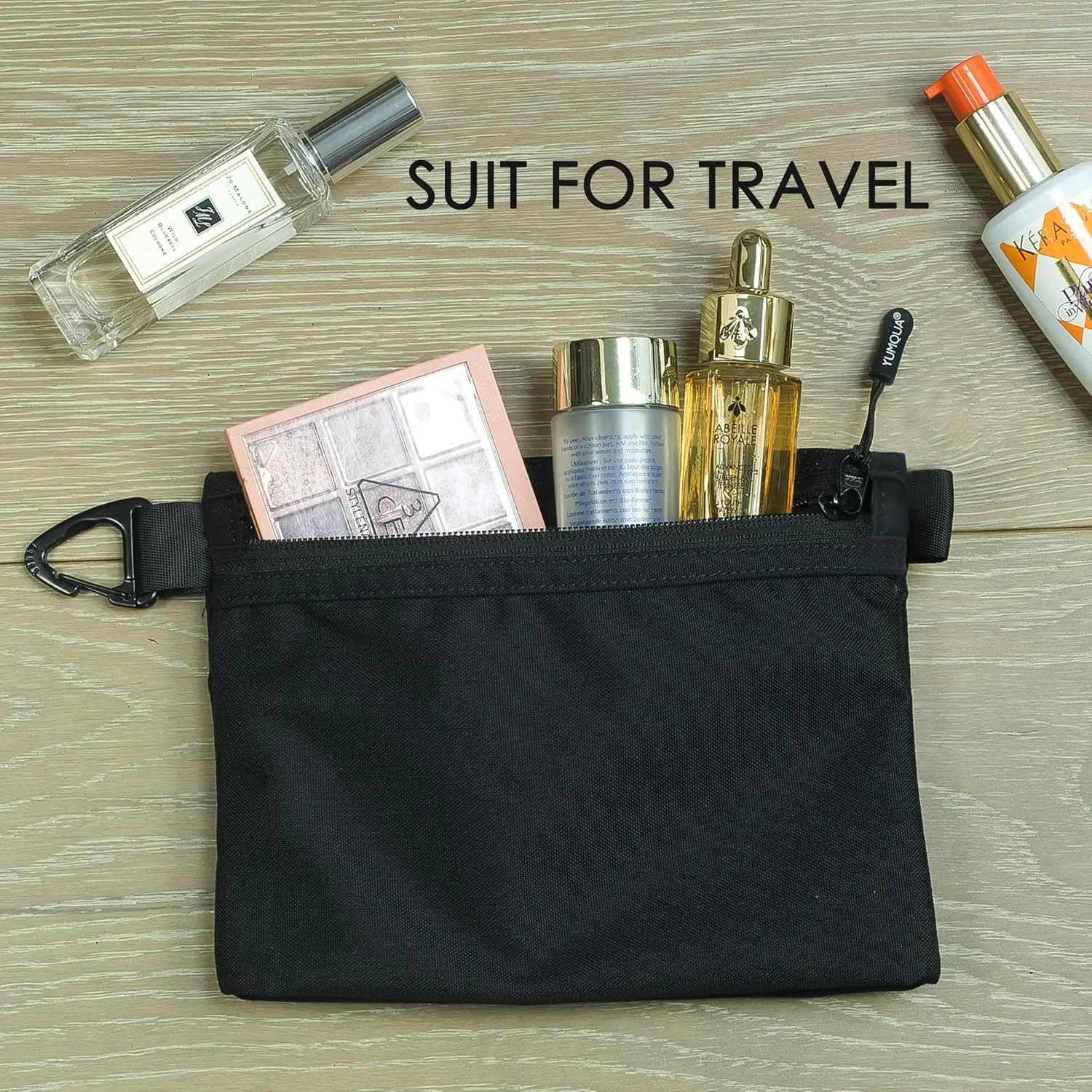 Water-Resistant Zipper Pouch with Carabiner Clip, Small Nylon Multipurpose Travel Digital Cosmetics Toiletry Bag Tool Storage Pouch, Black