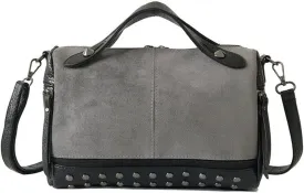 Women's Retro Suede PU Leather Handbag - Shoulder Shopper Work Boston Bag With Rivets - Ladies Crossbody